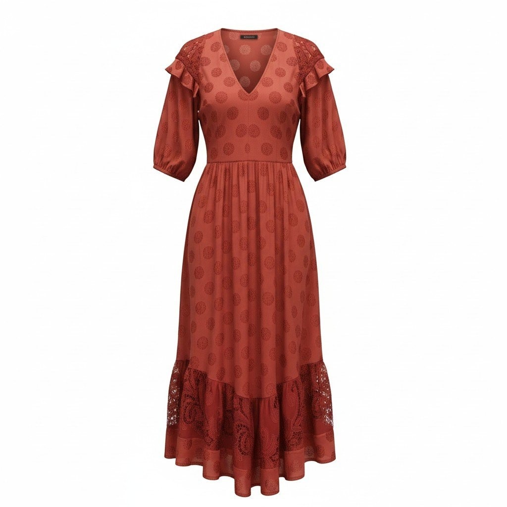 Free People Womens M Terracotta Red Jacquard Lace Stevie Midi Dress Puff Sleeve